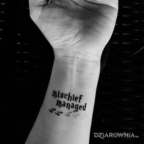 Tatuaż Mischief managed na przedramieniu motyw: napisy