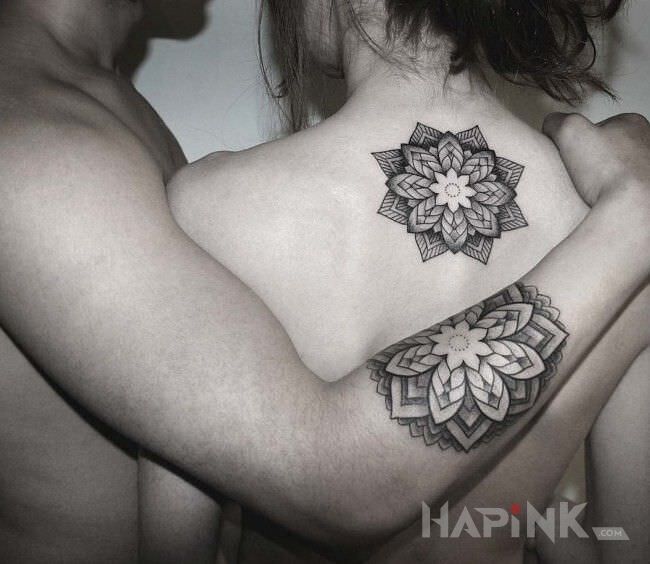 Tattoo Milosne mandale in black and gray motif and graphic / illustrative style on the back