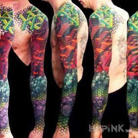 Tattoo Geometric patterns in color on the forearm motif: sleeves style: geometric