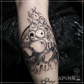 Tattoo Homer simpson on fire on the calf motif: characters style: graphic / illustrative