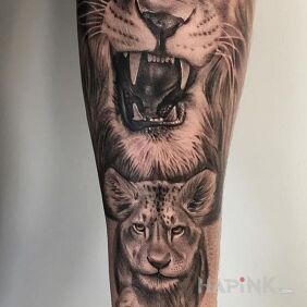Tattoo Small and big lion on the forearm motif: animals style: realistic