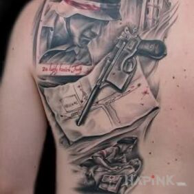 Tattoo In memory of on the shoulder blades motif: patriotic