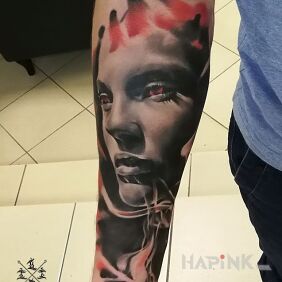 Tattoo Woman in Smoke on the forearm motif: faces style: realistic