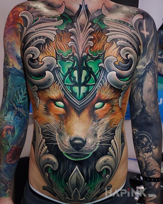 Tattoo Monumentalny lis in sleeves motif and surrealistic style on the stomach