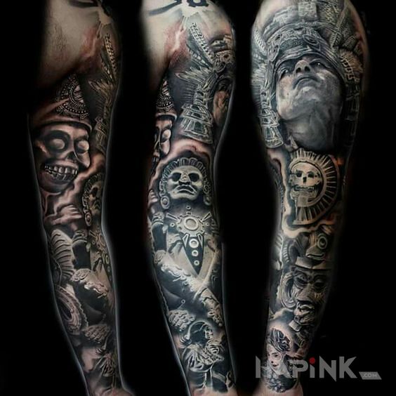 Tattoo Aztecki rękaw in sleeves motif and realistic style on the forearm