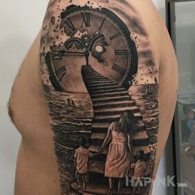 Tattoo Take the stairs until on the upper arm motif: black and gray style: realistic