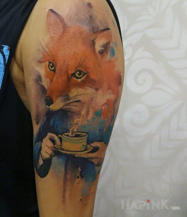 Tattoo Pan lis in characters motif and Watercolor style on the upper arm