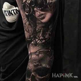 Tattoo Steampunk woman on the forearm motif: sleeves style: realistic
