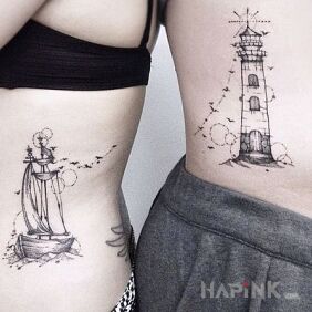 Tattoo Ship and lighthouse on the ribs motif: black and gray style: graphic / illustrative