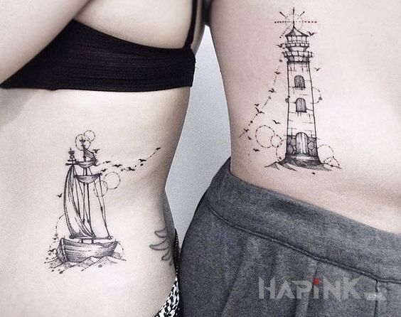 Tattoo Statek i latarnia in Love motif and graphic / illustrative style on the ribs