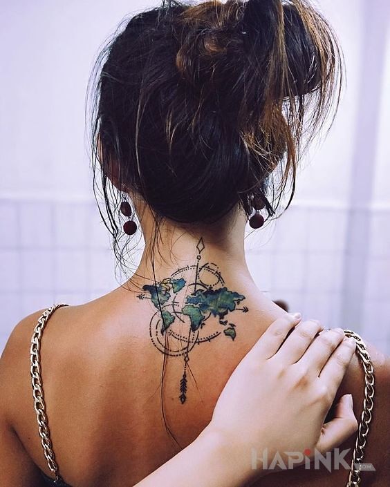 Tattoo 7 kontynentów in colorful motif and graphic / illustrative style on the nape
