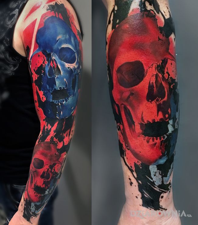 Tatuaż rękaw czaszki w motywie 3D i stylu realistyczne na ramieniu