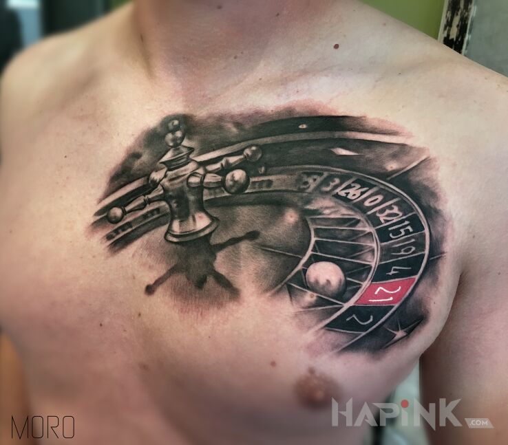 Tattoo Ruletka in objects motif and realistic style on the chest