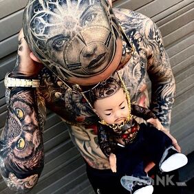 Tattoo Good bania on the head motif: black and gray style: realistic