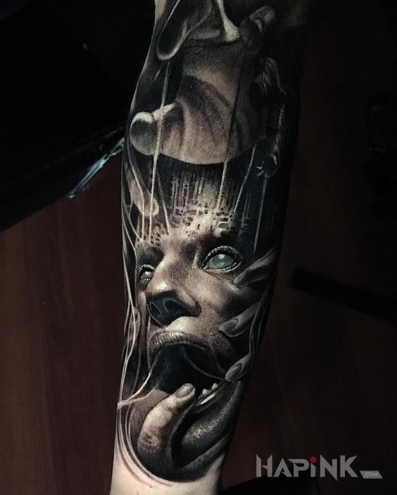 Tattoo Kontrola człowieka in 3D motif and realistic style on the forearm