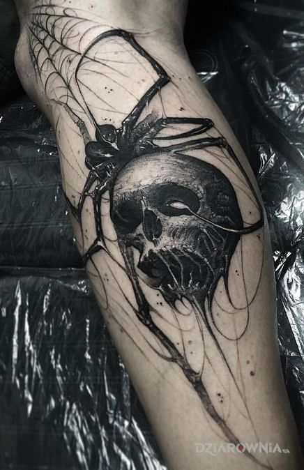 Tatuaż pajączek w motywie czarno-szare i stylu graficzne / ilustracyjne na łydce