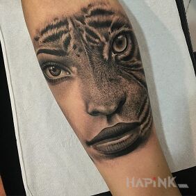 Tattoo Half woman, half cat on the forearm motif: characters