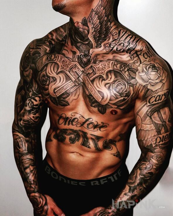 Tattoo Wytatuowany facet in lettering motif and realistic style on the neck