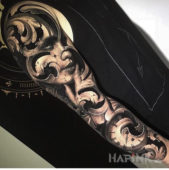 Tattoo Schowana twarz in sleeves motif and realistic style on the forearm
