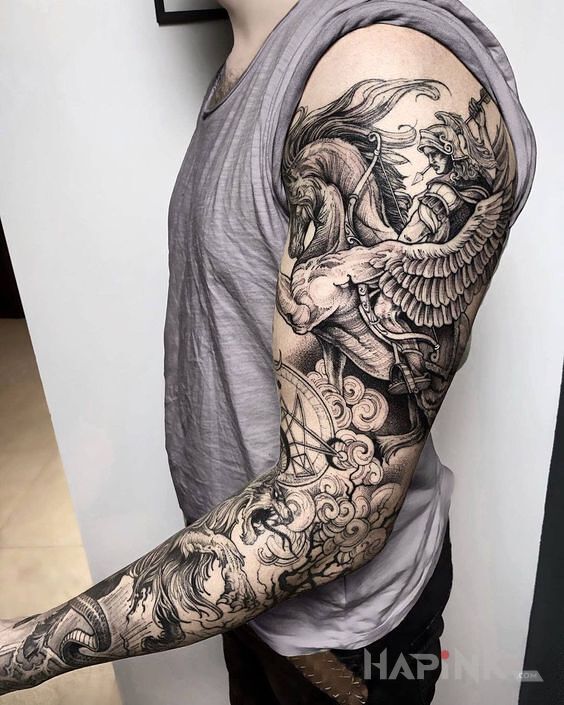 Tattoo Na pegazie in sleeves motif and graphic / illustrative style on the forearm