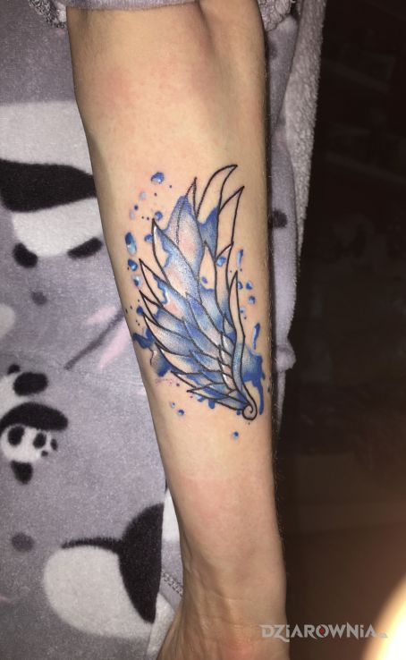 Tatuaż skrzydło z plamą w motywie kolorowe i stylu kontury / linework na przedramieniu