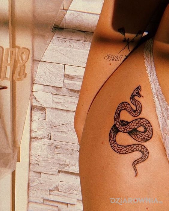 Tatuaż wężyk w motywie czarno-szare i stylu graficzne / ilustracyjne na nodze