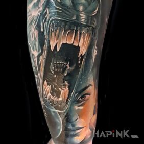 Tattoo Alien on the forearm motif: 3D style: realistic