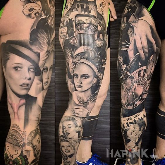Tattoo Dziewczyny hej dziewczyny in black and gray motif and realistic style on the calf