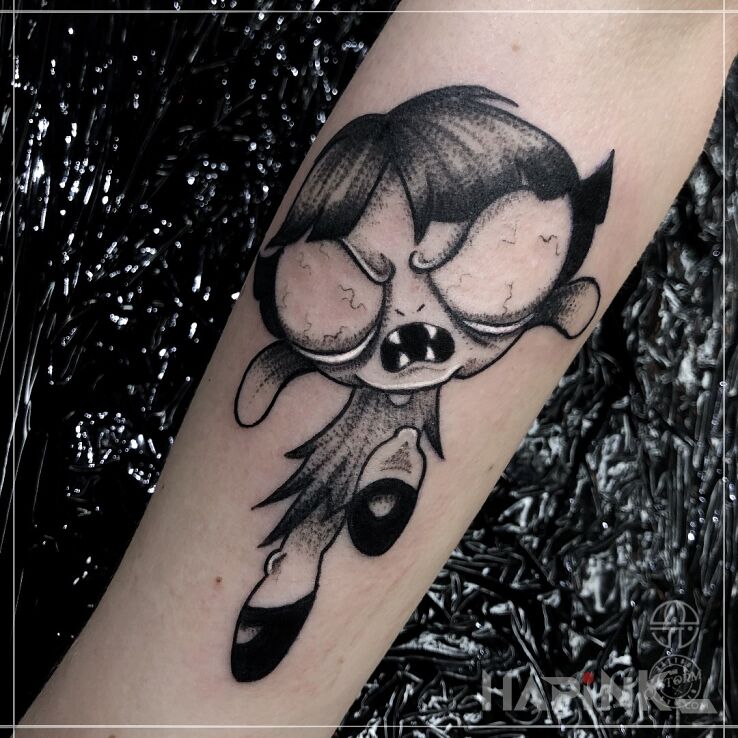 Tattoo Bójka, Bajka czy Brawurka? Atomówki in black and gray motif and graphic / illustrative style on the forearm