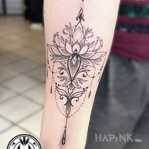 Tattoo Moj Lotosik in black and gray motif and graphic / illustrative style on the forearm