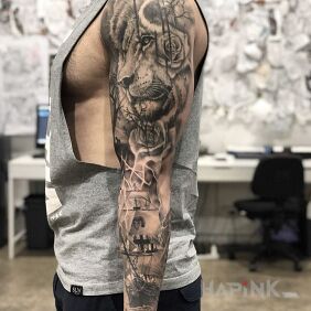 Tattoo Lion above the ship on the forearm motif: 3D style: realistic