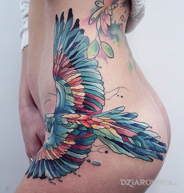 Tatuaż barwny ptak w motywie zwierzęta na nodze