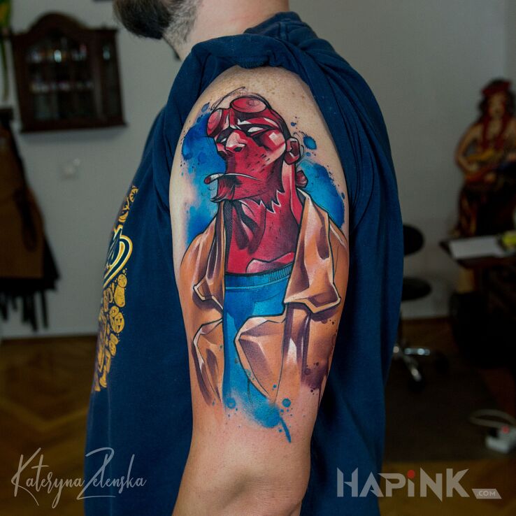 Tattoo Hellboy / Akwarela in faces motif and cartoon / comic book style on the upper arm