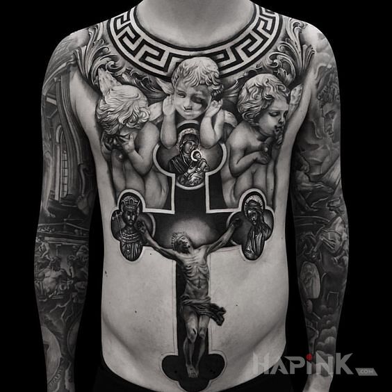 Tattoo Chrześcijański tatuaż in sleeves motif and realistic style on the upper arm