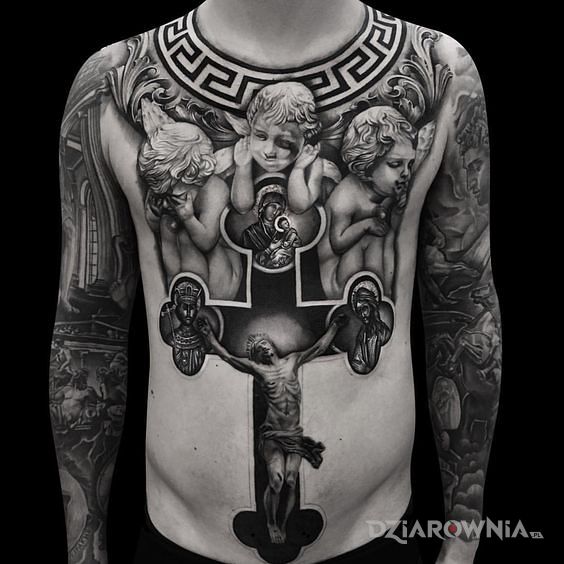 Tatuaż chrześcijański tatuaż w motywie czarno-szare i stylu realistyczne na brzuchu