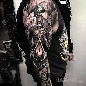 Tattoo Assassins Creed on the forearm motif: faces style: realistic