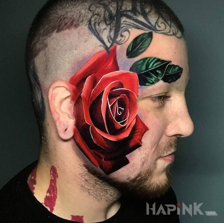 Tattoo Roza duza in flowers motif and realistic style on the face