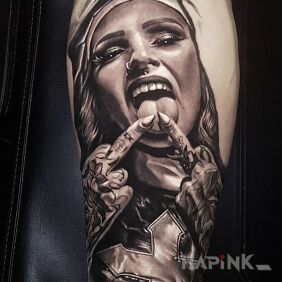 Tattoo Vulgar nun on the calf motif: black and gray style: realistic