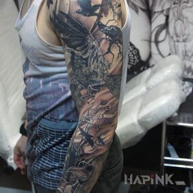 Tattoo Plague doctor on the upper arm motif: sleeves style: realistic