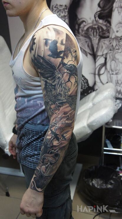 Tattoo Plague doctor in sleeves motif and realistic style on the forearm