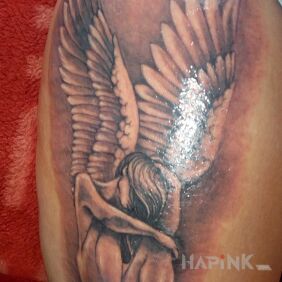 Tattoo My dream angel on the leg motif: wings style: realistic