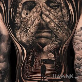 Tattoo Old age and youth on the back motif: characters style: realistic