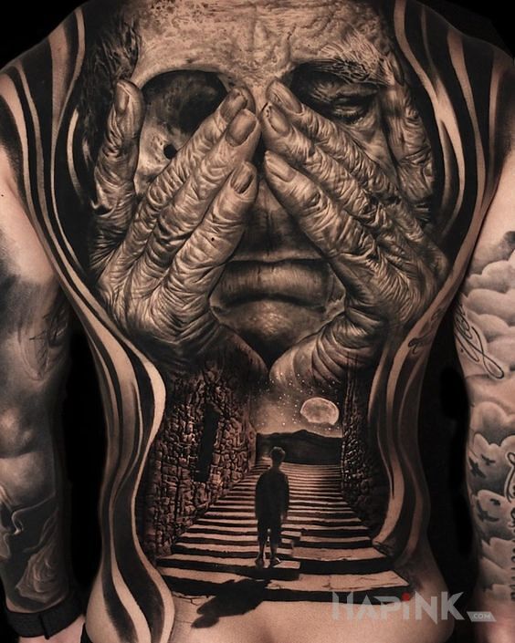 Tattoo Starość i młodość in characters motif and realistic style on the shoulder blades