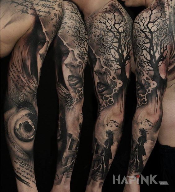 Tattoo Rękaw z okiem in black and gray motif and realistic style on the upper arm