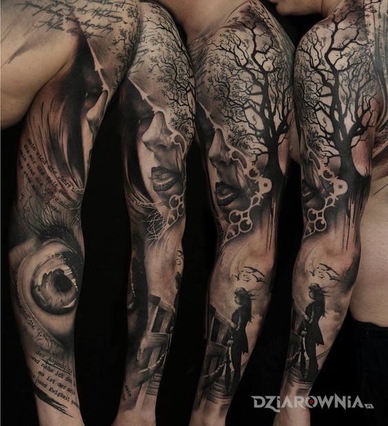 Tatuaż rękaw z okiem w motywie czarno-szare i stylu realistyczne na ramieniu