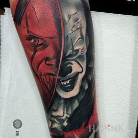 Tattoo Pennywise on the forearm motif: colorful style: realistic