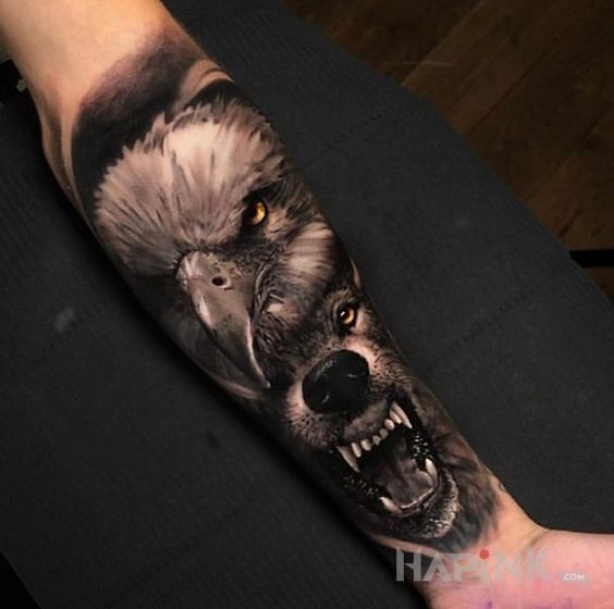 Tattoo Orzeł / Wilk in animals motif and realistic style on the forearm