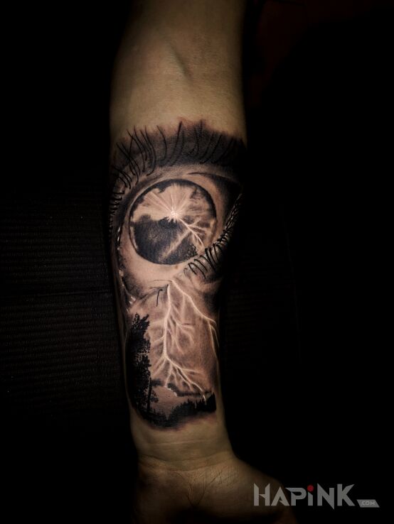 Tattoo Oczkoo in 3D motif and realistic style on the forearm