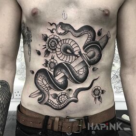Tattoo Dagger and snake on the stomach motif: animals