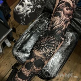 Tattoo Skull, stained glass and an old man on the forearm motif: skulls style: realistic